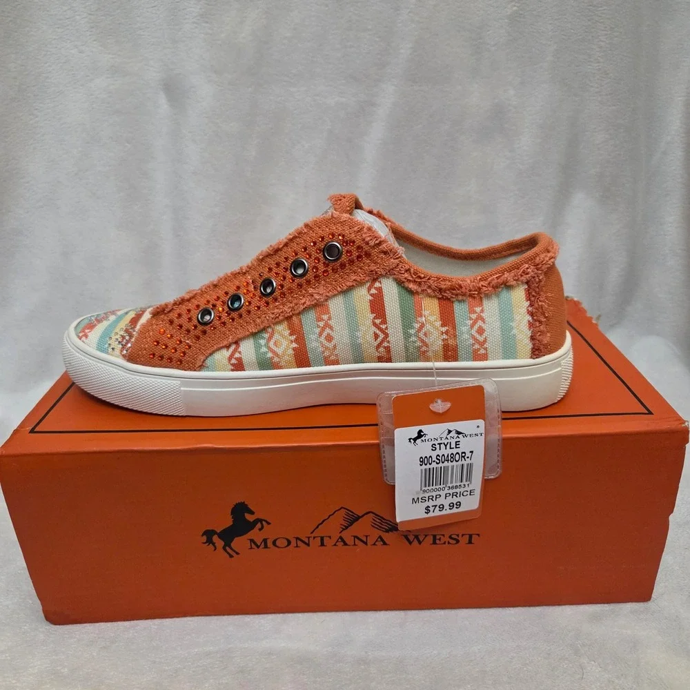 Montana West Orange Southwestern Rhinestone Slip On Sneakers 900-S048OR-7 Mens 7